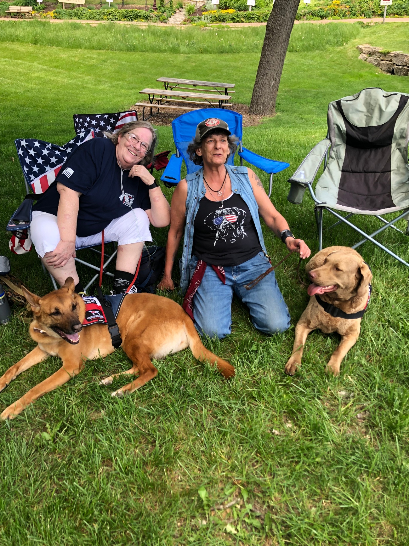 Two veterans with their service dogs at a community gathering